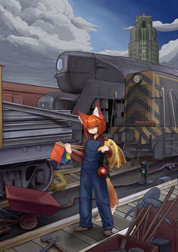 annoyed anthro blue_clothing blue_overalls broom brown_clothing brown_shirt brown_topwear building city cityscape cleaning_tool clothed clothing cloud day denim detailed_background determined female fox_ears fox_tail fur green_eyes hair hair_over_eye holding_lantern holding_object industrial lamp lantern locomotive mechanic orange_hair overalls railway_track red_light shirt short_hair skyscraper solo standing steam_locomotive tail tools topwear train train_station vehicle wheelbarrow worker ikino_darkino canid canine fox human mammal red_fox true_fox absurd_res full-length_portrait hi_res portrait