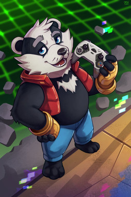 anthro biped black_body black_nose blue_eyes bottomwear clothing controller eyebrows game_controller male open_mouth pants slightly_chubby solo standing white_body 7theaven bradley_the_badger_(game) bradley_(bradley_the_badger) badger mammal mustelid musteline 2025 2:3 hi_res