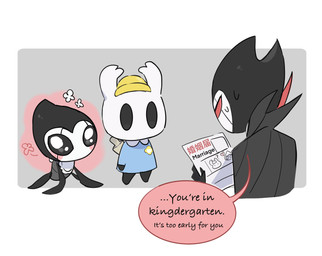 2_horns ambiguous_gender anthro biped black_body black_eyes black_text bodily_fluids clothed clothing dialogue ellipsis empty_eyes group holding_object holding_paper horn kindergarten_uniform looking_at_another melee_weapon nail_(weapon) paper red_eyes speech_bubble standing sweat sweatdrop talking_to_another text trio weapon weapon_on_back young lv999ppbunny hollow_knight_(franchise) team_cherry grimm_(hollow_knight) grimmchild_(hollow_knight) the_knight_(hollow_knight) arthropod vessel_(species) 2025 english_text parent_(lore) parent_and_child_(lore)