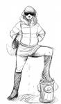 anthro bodily_fluids clothed clothing eyewear female fire_hydrant genital_fluids looking_at_viewer peeing peeing_on_fire_hydrant solo sunglasses urine wetting hladilnik piss_queen_(hladilnik) canid canine canis domestic_dog mammal black_and_white hi_res monochrome sketch