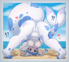 all_fours anthro anthrofied anus areola ass_up bar_emanata beach bent_over big_breasts blue_anus blue_areola blue_vulva blush bouncing_breasts breasts brown_eyes butt butt_focus clitoris clothing emanata female fin flexible frill_(anatomy) genitals glistening glistening_body glistening_breasts hanging_breasts head_fin heart_pair heart_symbol hearts_around_body humanoid_genitalia humanoid_vulva interrobang jack-o'_pose leg_grab looking_at_viewer looking_back looking_through looking_through_legs multicolored_vulva navel nipples nude pose presenting presenting_hindquarters presenting_vulva raised_tail sand seaside shaking shocked solo spread_legs spreading swimwear tail thick_thighs thigh_grab trembling two_tone_vulva vulva white_body wide_hips noxseban nintendo pokemon beau_(vaporwaveon) fan_character eeveelution generation_1_pokemon pokemon_(species) vaporeon hi_res