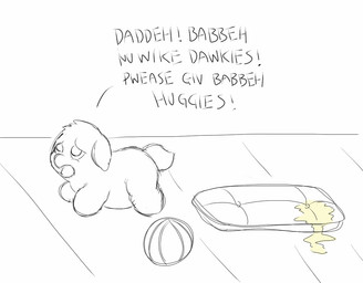 ambiguous_feral ambiguous_gender baby_talk ball bodily_fluids cushion dialogue feral genital_fluids narrowed_eyes neonate open_mouth sad solo tail text toy urine walking young young_ambiguous young_feral carpdime fluffy_pony fluffy_pony_(species) mammal digital_media_(artwork) english_text spot_color