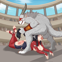 anthro anthro_penetrating anthro_penetrating_human balls black_hair bottomwear breasts clothing colosseum crowd duo duo_focus feet female fur genitals grey_body grey_fur group hair horn human_on_anthro human_penetrated interspecies irrumatio lying male male/female nipples on_front oral outside_sex penetration penile penis penis_in_mouth pulling_hair sex tail toeless_legwear topwear torn_bottomwear torn_clothing torn_topwear touching_hair scarabeo guild_wars league_of_legends riot_games tencent irelia_(lol) charr felid human mammal 2025 hi_res