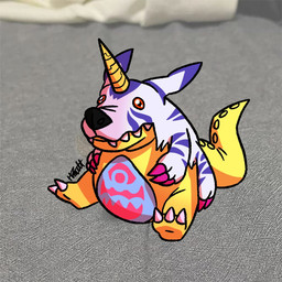 animal_skin anthro belly belly_markings chibi claws fur horn male markings sitting solo striped_body striped_fur stripes yellow_body hyenamutt bandai_namco digimon sitting_baby_alligator_meme digimon_(species) gabumon 1:1 draw_over hi_res meme