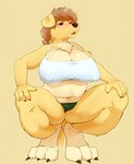 anthro big_breasts big_feet black_nose blush bodily_fluids bra breasts brown_hair claws cleavage clothed clothing crouching feet female fur hair hindpaw midriff navel nipple_outline panties paws red_eyes short_hair slightly_chubby solo sweat thick_thighs underwear yellow_body yellow_fur innunammi canid canine canis domestic_dog mammal 2016 hi_res