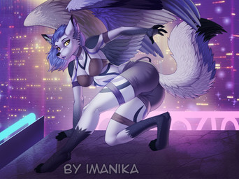 anthro barefoot black_body black_fur blue_body blue_fur blue_hair bottomwear bra breasts butt butt_pose city city_lights cityscape clothing crouching feet female fur fur_markings hair high_place inner_ear_fluff lights looking_at_viewer markings neon_sign night open_mouth paws pose rooftop shorts sign solo tuft underwear white_body white_fur wings yellow_eyes imanika michelle_(esperlin) canid canine canis mammal wolf
