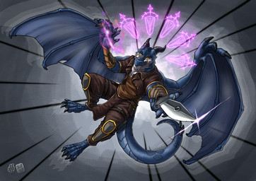 action_pose anthro bared_teeth black_claws black_horn blue_body blue_tail blue_wing bottomwear brown_bottomwear brown_clothing brown_pants brown_topwear claws clothed clothing finger_claws front_view holding_knife holding_object horn knife looking_at_viewer magic_user male male_anthro membrane_(anatomy) membranous_wings orange_eyes pants pose pupils slit_pupils solo tail teeth toe_claws topwear wings hufnaar mythology dragon mythological_creature mythological_scalie scalie 2015 dated