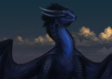 ambiguous_gender black_hair blue_body blue_eyes blue_scales cloud detailed_background facial_spikes feral glowing glowing_eyes hair horn membrane_(anatomy) membranous_wings outside pupils scales sky slit_pupils solo spikes spikes_(anatomy) sunset wings allagar european_mythology mythology noiraak dragon mythological_creature mythological_scalie scalie western_dragon absurd_res hi_res portrait
