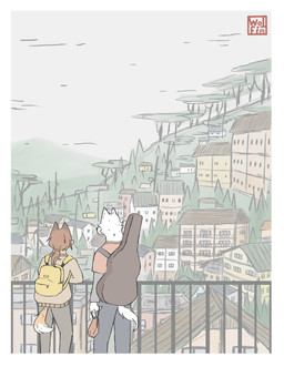 anthro backpack border bottomwear brown_hair clothing detailed_background duo female fur guitar_case hair head_tuft holding_object long_sleeve_shirt male multicolored_body multicolored_fur pants pointy_ears rear_view short_hair snout sweater topwear tuft two_tone_body two_tone_fur white_body white_border white_fur yellow_body yellow_fur w0lfi unnamed_character canid canine canis fox mammal wolf absurd_res digital_media_(artwork) digital_painting_(artwork) hi_res painting_(artwork)