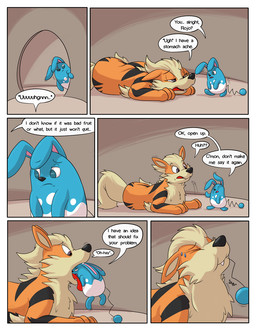 blue_body duo female feral fur inside oral_vore orange_body orange_fur speech_bubble text vore willing_prey dweet-tea nintendo pokemon rojo_(dweet-tea) arcanine azumarill generation_1_pokemon generation_2_pokemon pokemon_(species) 2016 comic english_text hi_res