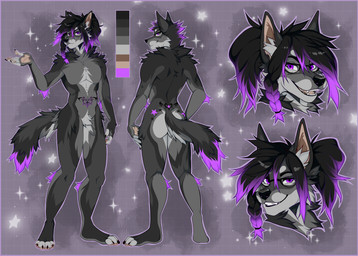 anthro border braided_hair eyewear glasses hair male nude nude_anthro pawpads ponytail purple_border purple_eyes purple_hair solo tattoo tramp_stamp wearing_glasses womb_tattoo chesta mike_k-niner canid canine canis mammal wolf absurd_res hi_res model_sheet