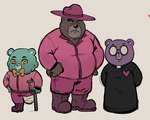 amputee anthro bandage bottomwear bow_tie brown_body clothing disability eyewear glasses group hat headgear headwear male overweight overweight_male pants purple_body shirt topwear meshpuyis unicorn_wars achuchones_(unicorn_wars) padre_(unicorn_wars) sargento_caricias bear mammal 2023 hi_res