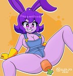 anthro anus breasts carrot carrot_in_ass cleavage clothed clothing coveralls eyelashes female floppy_ears food genitals gloves hair handwear lying on_back orange_background partially_clothed plant purple_body purple_eyes purple_hair pussy simple_background smile solo torn_clothing vegetable yellow_clothing yellow_gloves yellow_handwear pamaht9 zinny_(pamaht9) lagomorph leporid mammal rabbit signature spanish_description