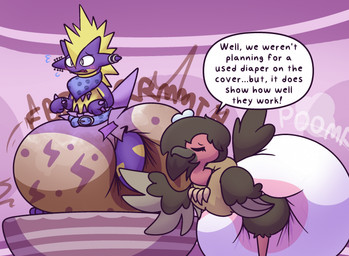 ambiguous_gender anthro beak belt big_diaper blue_belt blue_kerchief blue_neckerchief blush blush_lines bodily_fluids bone bone_in_hair brown_beak brown_body brown_feathers brown_hair brown_tail clean_diaper clothed clothing cloud_emanata dialogue diaper diaper_only diaper_puff duo ear_piercing ear_ring ellipsis emanata eyes_closed fart feathers feces flying_sweatdrops hair kerchief leaning leaning_forward lightning_bolt markings multicolored_body multicolored_feathers neckerchief neckwear nervous open_beak open_mouth pattern_diaper pattern_kerchief pattern_neckerchief photo_shoot piercing pink_body pooping pseudo_hair purple_background purple_body purple_spikes purple_tail ring_piercing simple_background soiled_diaper soiling soiling_diaper sound_effects speech_bubble spikes spikes_(anatomy) standing sweat sweatdrop tail tail_feathers tan_body tan_feathers teeth text topless unclean_diaper used_diaper using_diaper vowelless vowelless_sound_effect wearing_diaper white_diaper wings wristband yellow_body yellow_markings yellow_pseudo_hair dummydoodles nintendo pokemon carrie_(screweverything) deep_purple_(godiwishthatwereme) amped_toxtricity generation_5_pokemon generation_8_pokemon mandibuzz pokemon_(species) toxtricity english_text hi_res