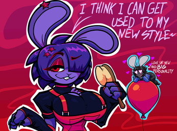 4_fingers accessory anthro balloon big_breasts big_ears black_hair bottomwear breasts brush buckteeth chest_tuft claws cleavage_cutout clothed clothing comb_(brush) crossgender cutout dialogue ear_piercing eyelashes eyeshadow female fingers footwear fur grey_body grey_fur hair hair_accessory hairbrush hairpin heart_symbol holding_brush holding_object inflatable jacket looking_at_viewer makeup male monotone_body monotone_fur mtf_crossgender multicolored_body multicolored_fur one_eye_obstructed overalls pants piercing purple_body purple_fur purple_hair red_eyes red_eyeshadow shoes short_hair simple_background smile smirk solo teeth text topwear tuft two_tone_body two_tone_fur cydennis2 five_nights_at_freddy's fredina's_nightclub scottgames bonfie_(cryptiacurves) bonnie_(fnaf) dennis_(cyds2) lagomorph leporid mammal rabbit 2023 digital_media_(artwork) english_text hi_res