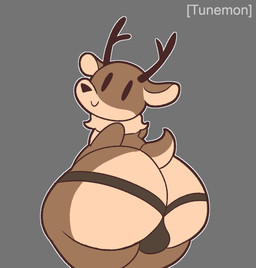 anthro antlers big_butt biped black_bottomwear black_clothing black_nose bottomwear brown_body brown_fur bulge bulge_from_behind butt closed_smile clothing fur grey_background horn huge_butt looking_at_viewer looking_back looking_back_at_viewer male mouth_closed multicolored_body multicolored_fur outline scut_tail short_tail simple_background smile solo tail tan_body tan_fur text thick_thighs two_tone_body two_tone_fur white_outline tunemon deer mammal 2023 artist_name digital_media_(artwork) hi_res