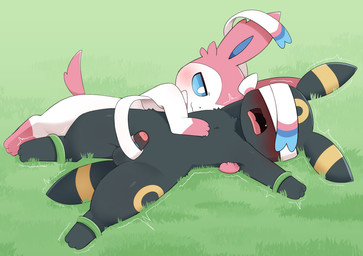 ambiguous_gender anthro arms_tied balls black_body black_fur black_nose blue_body blue_fur blue_sclera blush blush_lines bound circle_(marking) closed_smile covered_eyes duo erection fangs fur fur_markings genitals grass hand_on_chest holding_another holding_penis humanoid_genitalia humanoid_penis legs_tied lying male male/ambiguous markings mouth_closed multicolored_body multicolored_fur narrowed_eyes on_back on_ground on_side open_mouth outside penis pink_body pink_ears pink_fur pink_paws pink_tail plant ribbonjob ribbons_(anatomy) shaking smile tail teeth tremble_spikes trembling white_body white_eyes white_fur yellow_body yellow_fur sum nintendo pokemon eeveelution generation_2_pokemon generation_6_pokemon pokemon_(species) sylveon umbreon 2025 hi_res