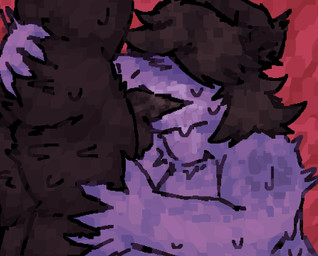 anthro black_body black_hair blush blush_lines bodily_fluids breasts butt butt_grab deep_throat dripping duo female freckled_breasts freckles genitals hair hair_grab hand_on_butt leg_grab male male/female obscured_eyes oral oral_penetration penetration penis purple_body red_background saliva saliva_drip saliva_on_penis simple_background sweat thrust_lines thrusting touching_hair twitching scaliescum deltarune undertale_(series) susie_(deltarune) scalie