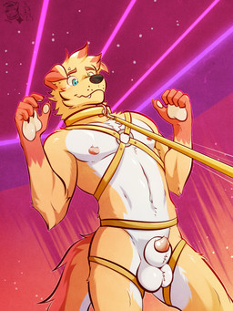 anthro athletic athletic_male blush collar harness leash leash_pull male piercing solo tail ventkazemaru kazter 3:4 absurd_res hi_res