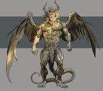 3_eyes anthro beard bottomwear claws clothing facial_hair feathered_wings feathers green_eyes loincloth male mane multi_eye navel nipples pecs solo standing tail wings pacelic demon felid lion mammal pantherine hi_res