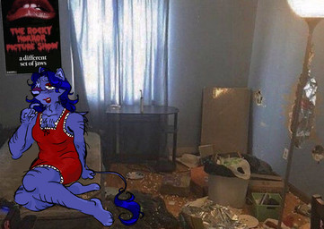 andromorph anthro arm_tuft barefoot bed bedroom blue_body blue_fur blue_hair blush body_hair breasts chemise chest_hair clothed clothing crossdressing crossdressing_andromorph crossdressing_male curled_tail eyeshadow facial_scar feet fur furniture hair intersex lingerie lipstick makeup male on_bed open_mouth open_smile partially_clothed red_eyeshadow red_lipstick scar shitpost shoulder_tuft sitting sitting_on_bed smile solo_focus tail tuft yellow_eyes iambdacore missysissy take_a_seat_wherever_(meme) the_rocky_horror_picture_show valleyos callan_dion felid lion mammal pantherine meme