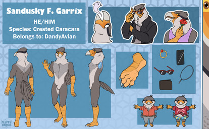 anthro beak blue_background bottomwear brown_eyes cellphone chibi claws clothed clothing color_swatch digit_ring electronics eyewear feathers finger_claws grey_body grey_feathers humanoid_hands jewelry male muscular muscular_male nude pants pattern_background pecs phone plantigrade ring shirt shorts simple_background smartphone sunglasses tail tail_feathers text toe_claws topwear wallet white_text yellow_sclera bardo_en_krisis avian bird caracara falconid absurd_res clip_studio_paint_(artwork) digital_drawing_(artwork) digital_media_(artwork) english_text flat_colors hi_res model_sheet portrait species_name
