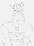 anthro anus balls belly butt chair erection eye_patch eyewear fart fart_fetish furniture genitals machine male navel nude on_chair paws penis relieved sitting sitting_on_chair slightly_chubby solo thick_thighs tongue tongue_out dodgesthehusky five_nights_at_freddy's scottgames foxy_(fnaf) animatronic canid canine fox mammal robot hi_res monochrome