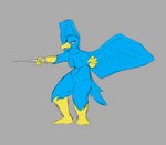 anthro beak blue_body blue_feathers breasts crouching feathers featureless_breasts featureless_crotch featureless_feet feet female heterochromia holding_object holding_weapon solo spread_wings weapon wings axentooth servia_(axentooth) avian bird hi_res