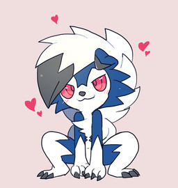 3_claws 3_fingers 3_toes anthro black_claws black_nose blue_body blue_fur blush chest_tuft chibi claws digitigrade ears_down feet female fingers fluffy fluffy_chest fur heart_symbol looking_at_viewer navel paws pink_background pivoted_ears red_eyes simple_background smile smiling_at_viewer solo toes tuft white_body white_fur fiddleafox nintendo pokemon moro_(fiddleafox) canid canine generation_7_pokemon lycanroc mammal midnight_lycanroc pokemon_(species) shiny_pokemon