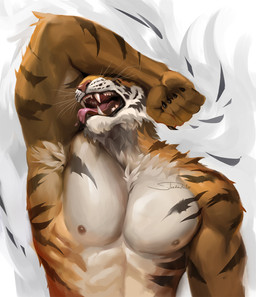 abs anthro armpit_hair biceps bodily_fluids body_hair claws covering covering_eyes covering_face dripping fangs finger_claws fur licking licking_bicep male muscular muscular_anthro muscular_male nipples open_mouth pecs pose raised_arm saliva saliva_drip saliva_on_tongue self_lick sharp_teeth teeth tongue tongue_out triceps whiskers shadowtails vlatt23_pose felid mammal pantherine tiger 2026 half-length_portrait hi_res pinup portrait signature