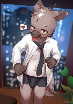 anthro blush bulge clothed clothing collared_shirt dress_shirt drunk erection erection_under_clothing kemono looking_at_viewer male open_clothing open_shirt open_topwear red_eyes shirt shota solo substance_intoxication tongue tongue_out topwear young young_anthro young_male cubboard canid canine canis domestic_dog mammal 2021 absurd_res hi_res signature