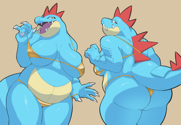 5_fingers anthro anthrofied arms_bent back_spikes bedroom_eyes big_breasts bikini bikini_bottom bikini_pull bikini_top biped blue_body blue_tail breasts butt claws clothed clothed_anthro clothed_female clothing clothing_pull fangs female female_anthro finger_claws fingers glistening glistening_eyes gold_bikini head_spikes iris looking_at_viewer looking_back mouth_closed narrowed_eyes non-mammal_breasts open_mouth orange_eyes pokemorph pupils seductive simple_background slightly_chubby slightly_chubby_anthro slightly_chubby_female solo spikes spikes_(anatomy) standing swimwear swimwear_pull tail tan_background tan_body teeth thick_thighs tongue two-piece_swimsuit white_sclera mmuhu golden_week nintendo pokemon crocodilian feraligatr generation_2_pokemon pokemon_(species) reptile scalie 2026 archived_source cel_shading digital_drawing_(artwork) digital_media_(artwork) hi_res multiple_images shaded