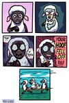 ambiguous_gender anthro bodily_fluids dialogue exclamation_point fake_hooves fur grey_body grey_fur group hooves mouth_closed open_mouth running scared scarf sheep_costume speech_bubble sweat sweaty_face text white_body white_fur white_wool wool_(fur) yellow_scarf shen_comix shenanigansen_(artist) wolf_in_sheep's_clothing bovid canid canine canis caprine mammal sheep wolf 2025 absurd_res comic english_text hi_res