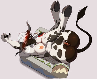 3_fingers anthro anus areola barbell_piercing blush breasts brown_body brown_fur butt circular_barbell_piercing covered_eyes ear_piercing ear_ring facial_piercing female fingers fur genitals hair hair_over_eyes high-angle_view holding_leash holding_object hooved_fingers hooves horn leash legs_up lying markings multicolored_body multicolored_fur nipples nose_piercing nose_ring nude on_back open_mouth piercing pose pubes raised_arm ring_piercing septum_circular_barbell septum_piercing septum_ring simple_background solo spots spotted_body spotted_fur tail tail_tuft teeth tongue tribal tribal_markings tuft two_tone_body two_tone_fur vulva white_body white_fur white_hair cerf blizzard_entertainment warcraft yeedil bovid bovine mammal tauren 2021 hi_res pinup