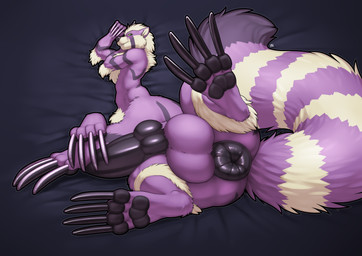 5_fingers animal_genitalia animal_penis anthro anus big_feet black_penis blush canine_genitalia canine_penis claws erection feet fingers fur genitals green_eyes knot long_claws lying male on_side pawpads paws penis puffy_anus purple_body purple_fur simple_background solo spread_legs spreading tail teeth timid white_body white_fur longblueclaw ailure taur 2018 absurd_res digital_media_(artwork) hi_res