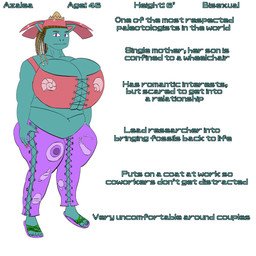 anthro big_breasts bottomwear breasts brown_hair clothing colored_nails feet female footwear green_body hair huge_breasts mature_anthro mature_female nails overweight overweight_anthro overweight_female pants pink_clothing pink_nails purple_clothing purple_eyes sandals shoes solo text thick_thighs topwear jospehvan nintendo pokemon azalea_(jospehvan) fossil_pokemon generation_1_pokemon pokemon_(species) venusaur 1:1 absurd_res english_text hi_res