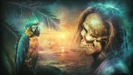 ambiguous_gender blue_body blue_feathers bone duo_focus feathers group sea ship skeleton sun sunset vehicle water watercraft yellow_body yellow_feathers falcon_white avian bird parrot 16:9 hi_res wallpaper widescreen