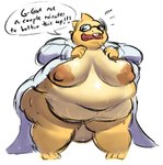 anthro areola belly belly_rolls big_belly big_breasts breasts buckteeth chubby_cheeks clothed clothing coat deep_navel dialogue double_chin embarrassed eyewear fat_rolls female flustered front_view glasses huge_belly huge_breasts lab_coat love_handles navel nipples non-mammal_breasts non-mammal_nipples obese obese_anthro obese_female open_clothing open_coat open_mouth open_topwear overweight overweight_anthro overweight_female scales solo speech_bubble standing teeth text thick_thighs top_heavy_belly topwear wide_hips yellow_body yellow_scales cro-iba undertale undertale_(series) alphys lizard reptile scalie english_text