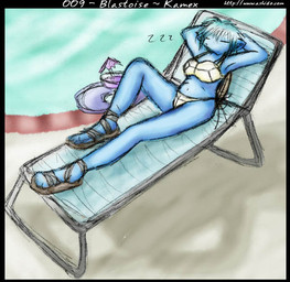 anthro beverage bikini blue_body blue_hair blue_scales clothed clothing eyes_closed female footwear hair navel outside pokemorph pool_chair poolside sandals scales shell shoes sleeping solo sound_effects sunbathing swimming_pool swimwear text two-piece_swimsuit umbrella_drink vowelless vowelless_sound_effect zzz zarla nintendo pokemon blastoise generation_1_pokemon pokemon_(species) url