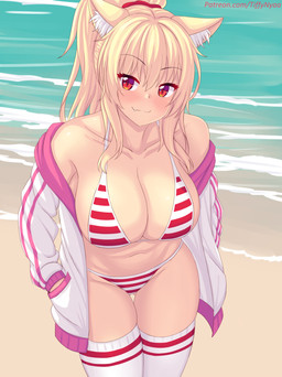 accessory alternative_fashion amekaji beach big_breasts bikini blonde_hair breasts butt butt_from_the_front clothed clothing cute_fangs eyebrow_through_hair eyebrows eyelashes fangs female gyaru hair hair_accessory hair_tie hand_in_pocket inner_ear_fluff j-fashion jacket knee_highs legwear long_hair looking_at_viewer pattern_bikini pattern_clothing pattern_swimwear pockets ponytail pupils red_eyes sand seaside slit_pupils smile smiling_at_viewer solo striped_bikini striped_clothing striped_swimwear stripes swimwear teeth text topwear translucent translucent_hair tuft two-piece_swimsuit water fastrunner2024 tiffy_(fastrunner2024) animal_humanoid felid felid_humanoid humanoid mammal mammal_humanoid 2023 digital_media_(artwork) hi_res url