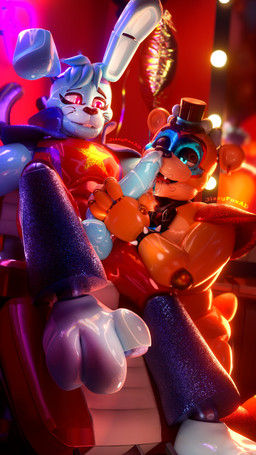 3_toes 4_fingers anthro balls balls_through_fly blue_body blue_eyes blurred_background bodily_fluids bow_tie bracelet buckteeth chair clothing cum cum_on_penis drooling duo erection fangs feet fingers furniture genital_fluids genitals glistening glistening_body glistening_clothing glowing glowing_eyes hair half-closed_eyes hand_on_another's_head hat headgear headwear holding_penis humanoid_genitalia humanoid_penis inside jewelry licking machine male male/male mismatched_genitalia mismatched_penis narrowed_eyes on_chair open_mouth oral orange_body penile penis penis_lick penis_poking_out penis_through_fly predator/prey red_eyes saliva saliva_on_face saliva_on_penis saliva_on_tongue scut_tail sex short_tail sitting sitting_on_chair spiked_bracelet spikes tail teeth toes tongue tongue_out top_hat whiskers jizzyfox jizzyfox_(modeler) five_nights_at_freddy's five_nights_at_freddy's:_security_breach scottgames steel_wool_studios glamrock_bonnie_(fnaf) glamrock_freddy animatronic bear lagomorph leporid mammal rabbit robot robot_anthro 3d_(artwork) 4k 9:16 absurd_res digital_media_(artwork) hi_res warm_colors watermark