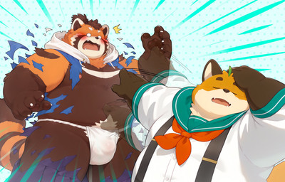 anthro asian_clothing belly blush bulge clothing duo east_asian_clothing embarrassed fundoshi fur humiliation japanese_clothing male male/male musclegut muscular nipples orange_body orange_fur overweight pecs red_body red_fur torn_clothing underwear sommyun naoya_hair_flip tamacolle iyo_(tamacolle) suruga_(tamacolle) ailurid canid canine fox mammal red_panda hi_res meme