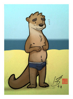 anthro beach blue_briefs blue_clothing blue_underwear briefs brown_body brown_fur clothing colored_seam_underwear embarrassed erection_under_briefs fur hair male nipples sea shy solo swimming_in_underwear tail underwear water fudatsu mammal mustelid otter 2017