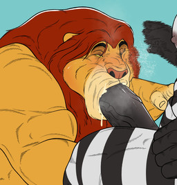 anthro anthrofied biceps bodily_fluids cheek_bulge cum cum_from_mouth cum_in_mouth cum_inside cumshot duo ejaculation erection face_slap fellatio fur genital_fluids genitals hair half-closed_eyes male male/male male_penetrated male_penetrating male_penetrating_male muscular muscular_anthro muscular_male narrowed_eyes nude open_mouth oral oral_penetration orgasm penetration penile penis sex simple_background slap vein veiny_penis maychin disney the_lion_king mufasa equid equine felid lion mammal pantherine zebra absurd_res digital_media_(artwork) hi_res