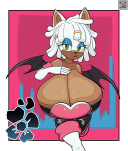 anthro big_breasts breasts dark_body dark_skin female glistening glistening_breasts hand_on_breast huge_breasts looking_at_viewer qr_code solo wings nerobero0 sega sonic_the_hedgehog_(series) rouge_the_bat bat mammal hi_res