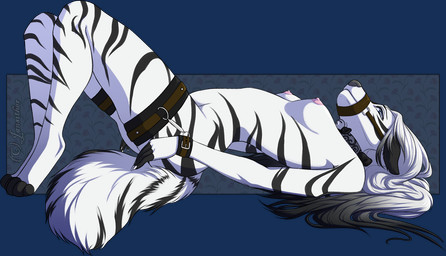 anthro arctic areola bdsm bell biped black_body black_fur blue_eyes bondage border bound breasts claws collar cuff_(restraint) digitigrade feet female female_anthro fur hair looking_at_viewer lying muzzle_(object) muzzled navel nipples nude nude_anthro nude_female on_back paws pose restraints side_view simple_background small_breasts solo stripes submissive submissive_female thigh_cuffs toe_claws toes white_body white_fur wrist_cuffs jansither sagittarii sophia_(sagittarii) arctic_fox canid canine fox mammal true_fox 2017 alpha_channel digital_media_(artwork) full-length_portrait portrait restricted_palette shaded signature simple_shading