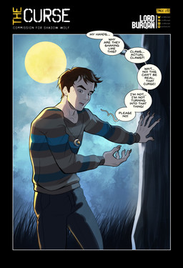 bottomwear brown_hair clothed clothing denim denim_bottomwear denim_clothing dialogue full_moon fully_clothed hair jeans jewelry light long_sleeves male moon moonlight necklace pants shirt solo species_transformation text topwear transformation lordburqan shadow_wolf human mammal comic english_text hi_res