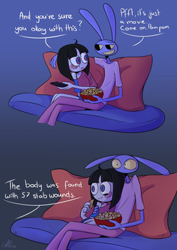 4_fingers anthro bowl clothing container dialogue duo eating eye_contact female fingers food furniture hug looking_at_another male mouthless nachos on_sofa pajamas scared scoff sitting sitting_on_sofa smug_grin sofa speech_bubble text watching_movie screaming_alice glitch_productions the_amazing_digital_circus jax_(tadc) pomni_(tadc) humanoid lagomorph leporid mammal rabbit english_text