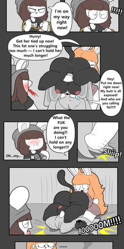 anthro anus big_breasts big_butt bodily_fluids breasts butt dialogue female genitals group holidays male mostly_nude nipples plump_labia slightly_chubby tears text thick_thighs trio vulva wounded wrestling tonytoran halloween ghost_cat_(tonytoran) tina_(tonytoran) tony_(tonytoran) chinchilla chinchillid domestic_cat felid feline felis ghost lagomorph leporid mammal rabbit rodent spirit absurd_res comic english_text hi_res