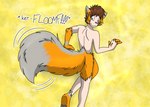 anthro biped brown_eyes brown_hair dipstick_tail fur fur_growth grey_markings grey_nose grey_pawpads growth hair human_to_anthro looking_at_own_tail looking_back looking_back_at_self male markings nude one_leg_up onomatopoeia orange_body orange_fur pawpads plantigrade raised_leg rear_view simple_background smile snout solo sound_effects species_transformation standing tail tail_growth tail_markings tailsplosion text transformation yellow_background fox0808 kaifox canid canine fox human mammal 2013 colored english_text